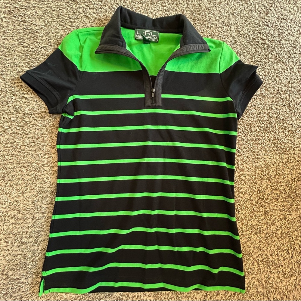 Green and Black Striped Ralph Lauren Active Quarter Zip Polo Shirt Size Small